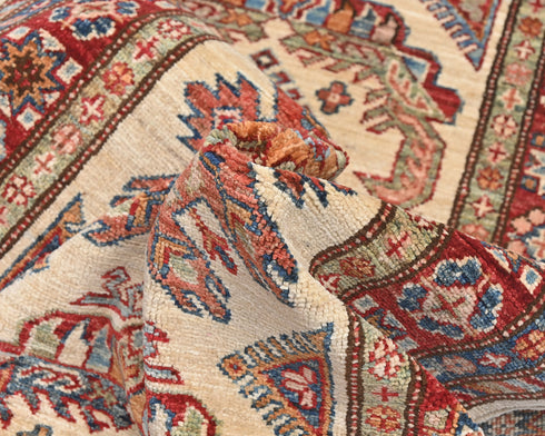 11 Feet Beige Kazak Afghan Hand Knotted Wool Runner Rug